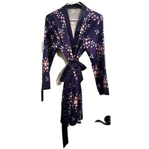 MORGAN LANE x Fab Fit Fun Satin Kimono Robe S/M Navy Floral Tie Waist w/Belt